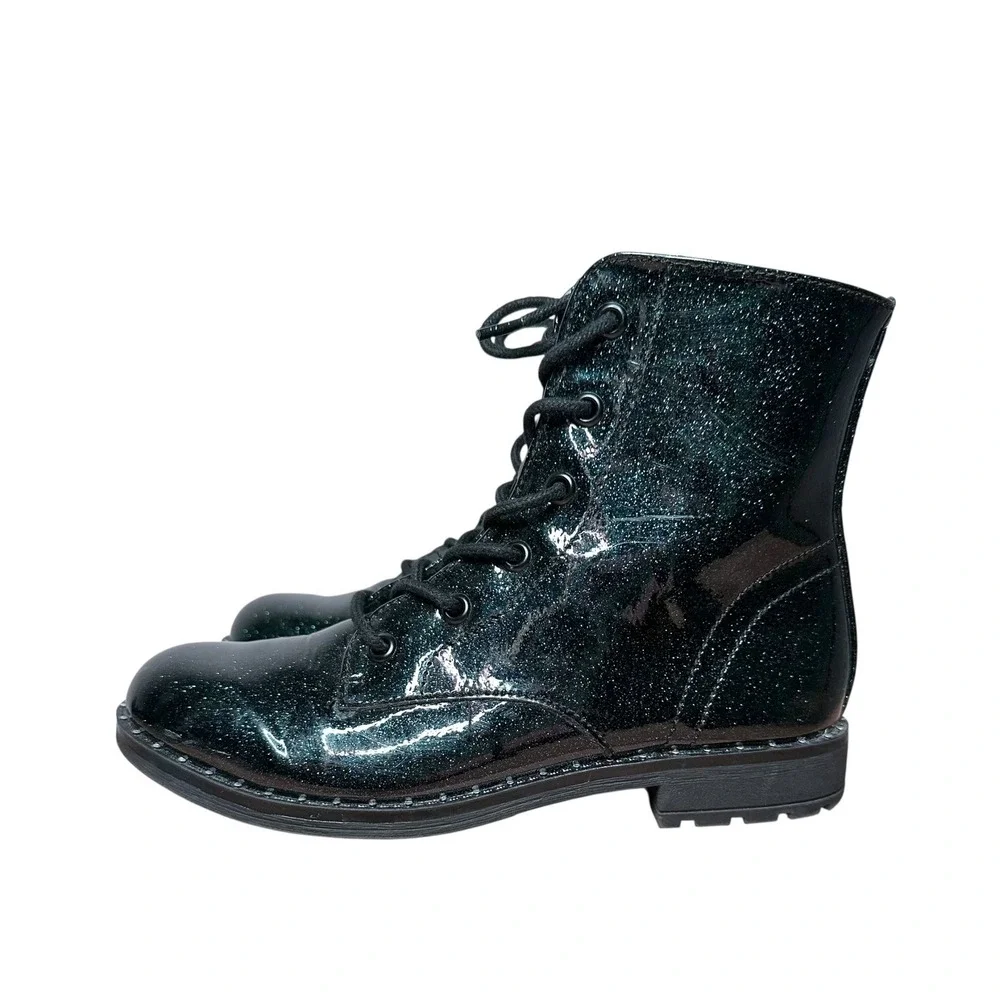 Jellypop Girls‎ Punky Black Green Glitter Patent Combat Boots Size 3M Side Zip